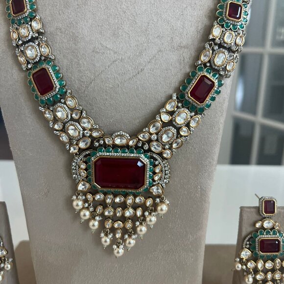 Victorian Polish Doublet Stone Necklace Set | Ruby Red Kundan Polki Jewelry - Picture 4 of 5